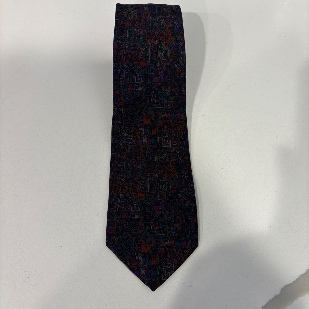 Fumagalli Marshall Fields Mens Silk Tie Purple‎ Teal Egyptian Hieroglyphic Print